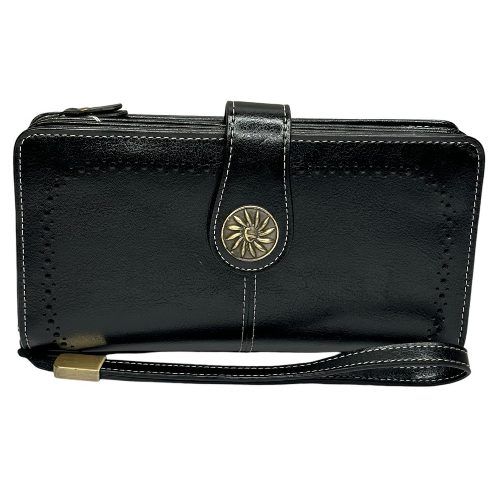Black Roomy Wristlet with Round Pewter Medallion Zip Pouch for Coins or Misc.